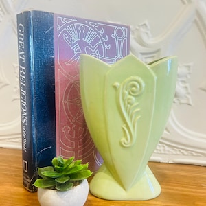 Vintage Chartreuse Art Deco Pottery Vase | Geometric Pedestal Planter