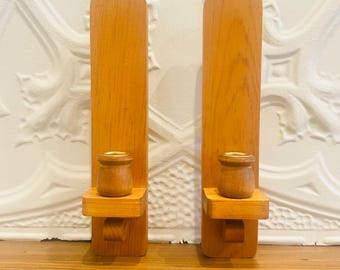 Vintage Wooden Heart Wall Sconces, Pair of Taper Candle Holders, Rustic Country Decor