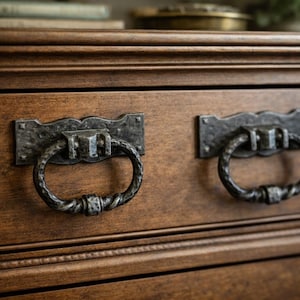 May include: Close-up of a wooden dresser drawer with two antique-style metal ring pulls. The drawer is made of dark brown wood. The ring pulls are dark gray with a textured, twisted design.