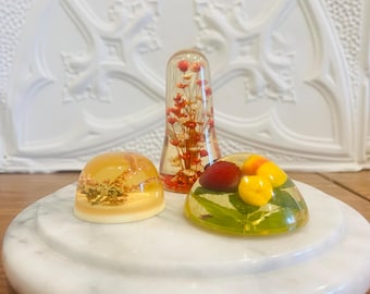 Vintage Resin Paperweights, Set of 3 – Encased Flowers & Fruit, Botanical Domes, Retro Desk Decor