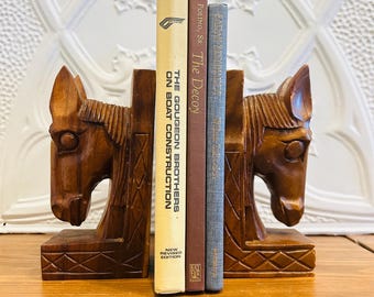Vintage Wooden Horse Head Bookends – Hand Carved Equestrian Decor Pair
