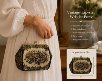 Vintage La Marquise Floral Tapestry Purse | Kiss Lock Handbag, Gold Chain Strap, Cottagecore Bag