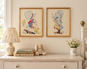 Vintage Sunbonnet Sue Embroidery Pair, Framed Folk Art, Cottagecore Nursery Decor