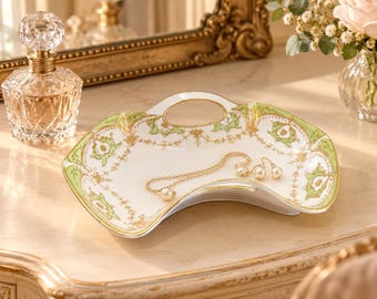 Nippon Relish Dish, Morimura Brothers Hand Painted Porcelain, Green and Gold Double Handled Tray, Antique Table Decor