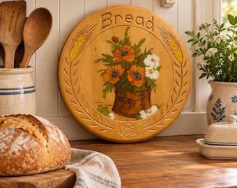 Vintage 1980s Folk Art Wooden 12-inch Bread Board – Hand-Painted Farmhouse Kitchen Wall Decor