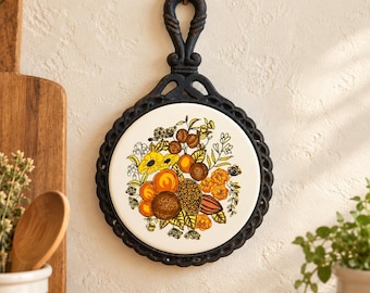 1970s Ceramic Tile Trivet, Orange Fruit Floral Design, Metal Frame, Retro Kitchen Wall Decor