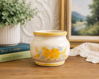 Floral Ceramic USA Planter – Vintage Yellow Blue Cachepot, 4 Inch
