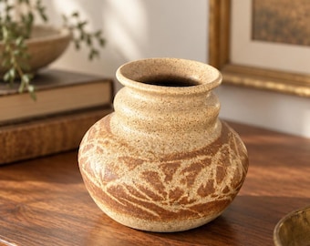 Vintage Studio Pottery Vase, Signed and Dated 1968, Speckled Brown and Cream Stoneware