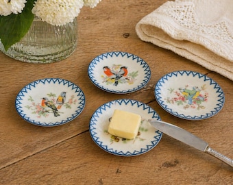 Set of 4 Vintage Japanese Bird Butter Pats, Porcelain Mini Plates, Floral Border