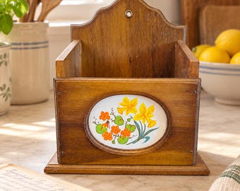 Vintage Wooden Recipe Box with Floral Accent, Wall-Mountable Recipe Card Holder, Cottage Kitchen Decor