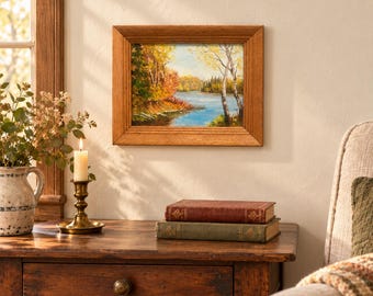 Vintage Autumn Lake Oil Painting, Framed Rustic Woodland Cabin Decor