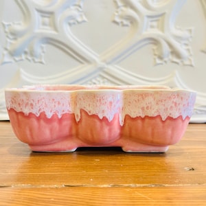 Peut inclure: Une jardinière rectangulaire en céramique avec un bord festonné et un vernis bicolore. La base est d'un rose corail uni, tandis que la partie supérieure présente un effet de vernis blanc coulant qui descend sur la surface rose en motif texturé.