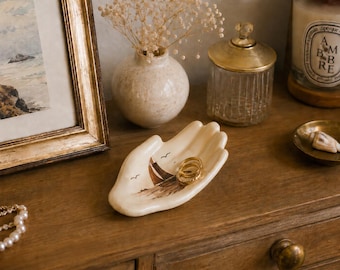 Vintage Hand-Shaped Trinket Dish: Hand-Painted Sailboat Nautical Pottery Ring Holder