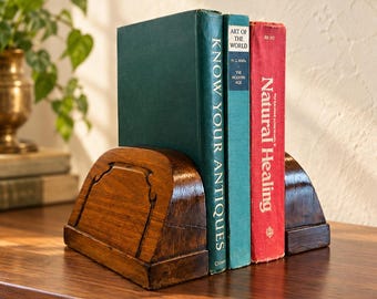 Vintage Solid Wood Bookends | Traditional Curved Carved Detail Desk Decor