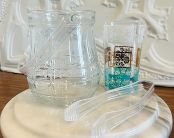 Vintage Italian Glass Ice Bucket with Tongs, Textured Pressed Glass Barware