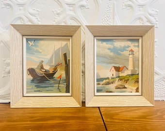 Vintage Framed Paint by Number Pair – Coastal Lighthouse Fisherman Wall Art