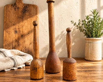 Antique Wooden Kitchen Mashers, Set of 3, Rustic Farmhouse Decor