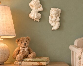 Vintage Ceramic Baby Wall Plaques, Pair of Cream White Sleeping Babies, Nursery Wall Decor