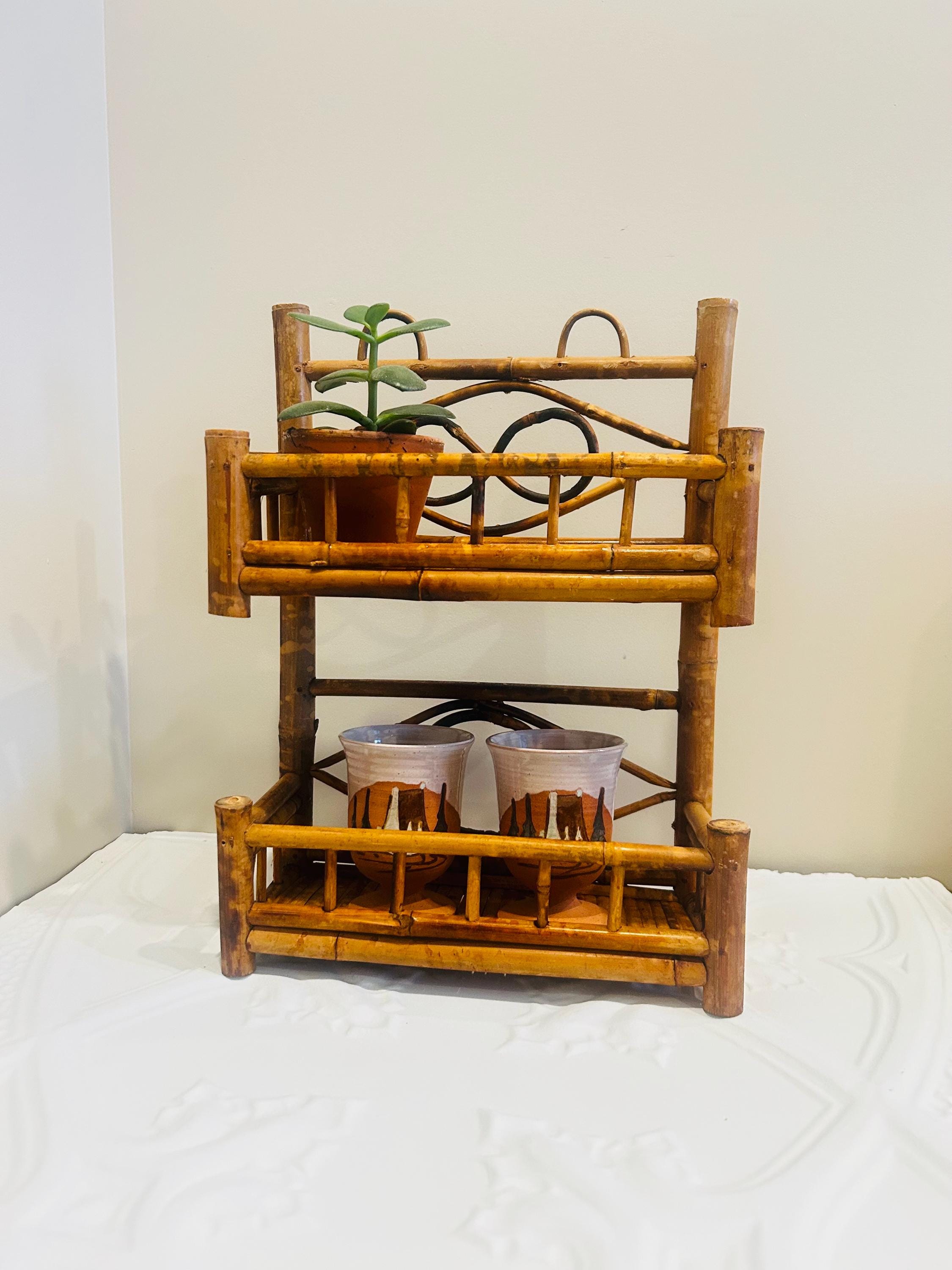 Vintage Bamboo Two-tier Wall Shelf, Mid-century Boho Rattan