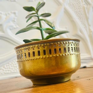 May include: A small, antique brass planter with a perforated design around the rim. The planter holds a green succulent plant. The planter sits on a wooden surface against a white textured background.