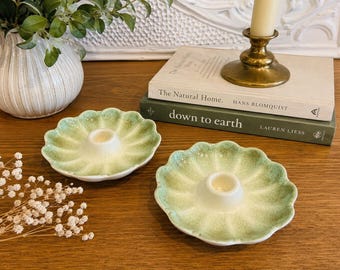 Pair of Vintage USA Green Scalloped Ceramic Candle Holders | Cottagecore Decor