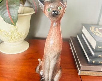 Vintage Siamese Cat Figurine - Mid Century Ceramic Kitsch Sculpture (9.5" Tall)