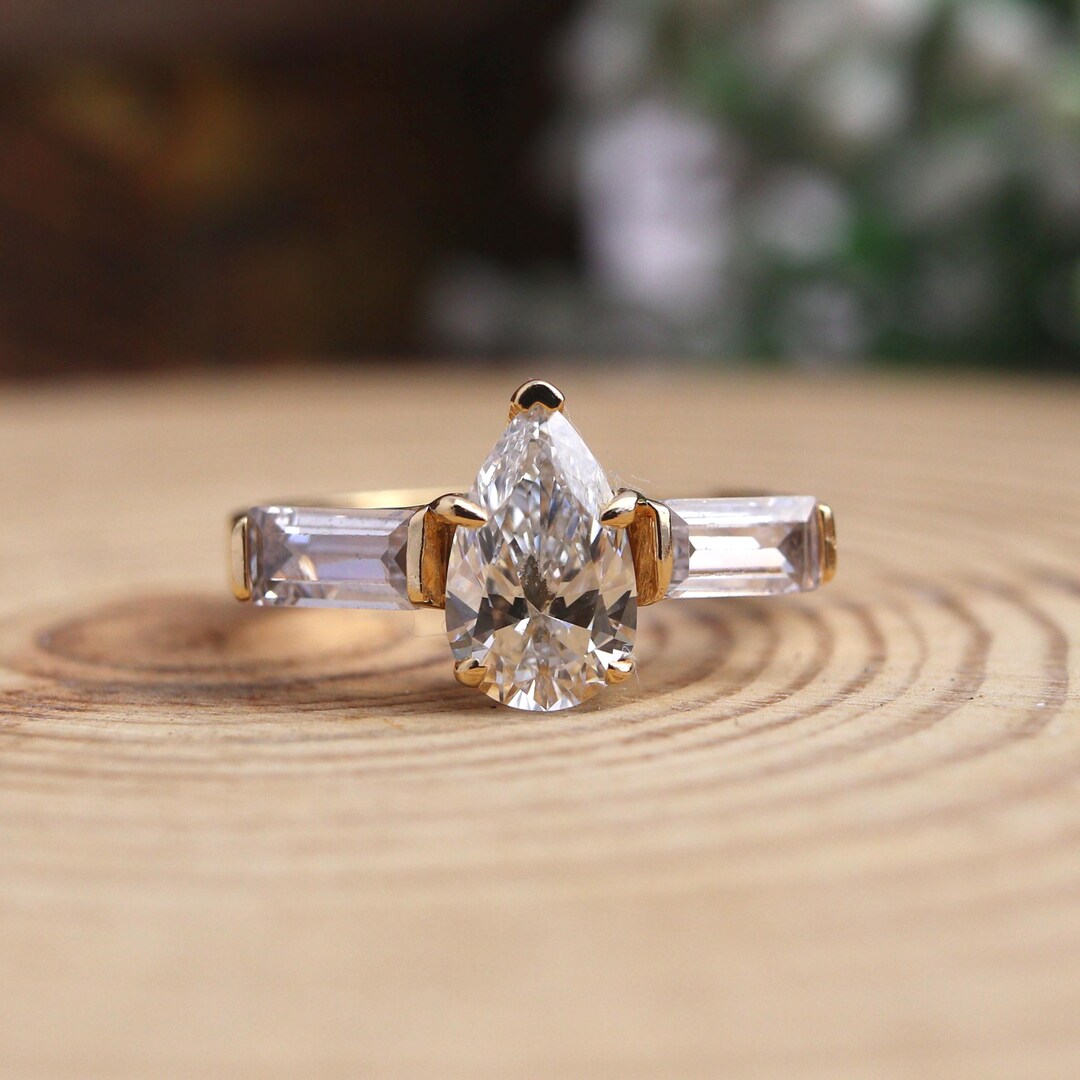 Pear Cut Three Stone Engagement Ring, Pear Solitaire With Baguette Side ...