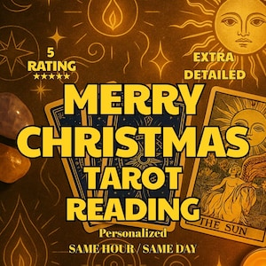 May include: An image advertising a "Merry Christmas Tarot Reading." The design includes tarot cards, crystals, and the text "Merry Christmas Tarot Reading" in a bright yellow font. The image also features the text "Personalized" and "Same Hour/Same Day."