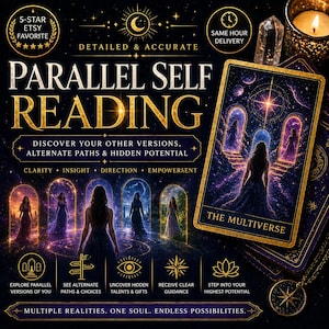May include: An Etsy listing image for a tarot card reading service. The image features a tarot card with the words "The Multiverse" and the title "Parallel Self Reading". The image includes text such as "Discover Your Other Versions" and "Explore Parallel Versions of You".