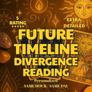 Peut inclure: Image sombre avec le texte "FUTURE TIMELINE DIVERGENCE READING" en jaune. L'image comprend des cartes de tarot, des cristaux et des illustrations de soleil. Le texte "EXTRA DETAILED" et "5 RATING" sont également visibles. Les mots "Personalized" et "SAME HOUR/SAME DAY" sont également présents.