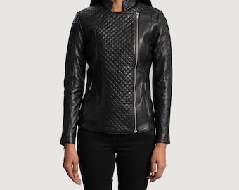 Women's Black Quilted Leather Jacket, Handmade Asymmetrical Outerwear, Motorcycle Biker Lambskin Coat