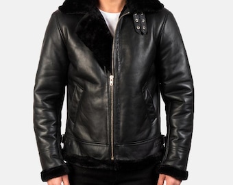 Men’s Black Shearling Leather Bomber Jacket: Real Sheepskin Winter Coat Warm Fur Collar
