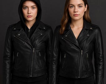 Women’s Leather Moto Jacket, Detachable Hood, Black, Genuine Lambskin, Slim Fit, Handmade
