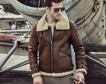 Men’s B3 Aviator Shearling Leather Jacket – Brown Sheepskin Bomber Flight Jacket