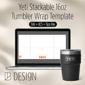 May include: A black Yeti 16oz tumbler next to a laptop displaying a tumbler wrap template. The template is for a Yeti tumbler and includes SVG, XCS, and tips files. The design also includes the text "Yeti Stackable 16oz Tumbler Wrap Template."