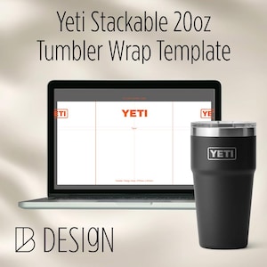 Può includere: Un bicchiere Yeti nero da 590 ml con bordo e coperchio argentati, accanto a un laptop che mostra un modello di avvolgimento per bicchieri. Lo schermo del laptop mostra il logo Yeti e le linee guida per il design. Il testo sullo schermo recita "Yeti Stackable 20oz Tumbler Wrap Template."