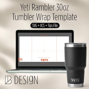 Peut inclure: Un gobelet Yeti Rambler noir de 887 ml à côté d'un ordinateur portable affichant un modèle d'emballage de gobelet. Le modèle comprend le texte "Yeti Rambler 30oz Tumbler Wrap Template" et "SVG + XCS + Tips File". Le logo Yeti est visible.