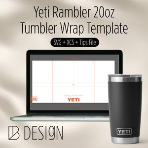May include: A black Yeti Rambler 20oz tumbler next to a laptop displaying a wrap template design. The laptop screen shows a grid layout with the word "YETI" in the center. The image also includes the text "Yeti Rambler 20oz Tumbler Wrap Template".