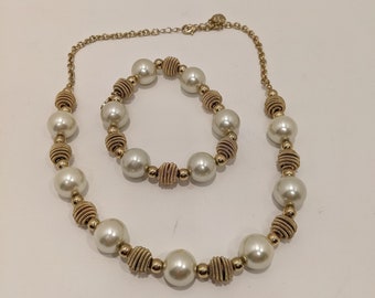 Monet Jewelry Set, Bracelet and Necklace with Simulated Pearls and Gold Twisted Wire