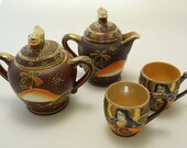 Vintage Japan Tea Set, Sugar, Creamer, Teacups, Brown Gold Satsuma Decor, Shipping Included