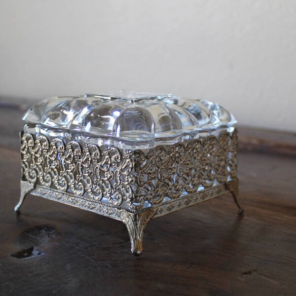 Vintage Ormolu Glass Filigree Trinket Dish with Lid, Jewelry Box, French Style, with FREE Gift