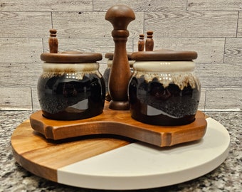 Vintage Fire Glazed Spice Set with Wooden Spoons, Lids, and a Holder