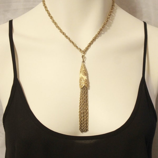 Vintage Tassel Necklace with Chains, Scroll Design, USA