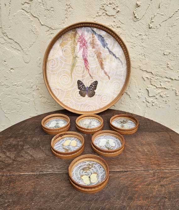 Vintage Butterfly Bamboo Coaster Set, 1 Plate with 6 Coasters