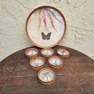K&ouml;nnte beinhalten: Ein runder Holztablett und sechs passende Untersetzer. Das Tablett zeigt einen Schmetterling und ein farbenfrohes Farn-Design auf cremefarbenem Hintergrund. Die Untersetzer haben &auml;hnliche Schmetterlings- und Farn-Designs. Das Set ist aus Holz und hat eine nat&uuml;rliche Oberfl&auml;che.