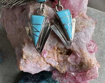 Beautiful Vintage Kewa Santa Domingo Turquoise Sterling Channel Inlay Earrings Nelson Garcia