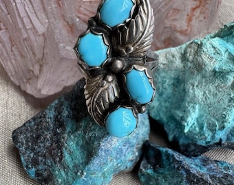 Anello Navajo antico con turchese blu e argento sterling, misura 5.75, firmato E.
