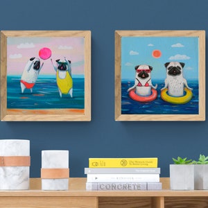 Set of 2 Pug paintings on canvas - art print of an original acrylic painting 8x8&quot;