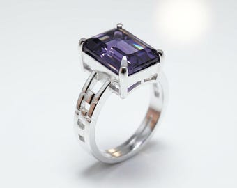 Emerald Cut Amethyst Sterling Silver Ring • February Birthstone