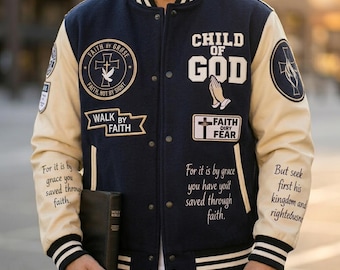 Men's  Custom Christian Varsity Letterman Jacket Navy & Cream Leather Embroidered-Chenille Bomber Jesus Jacket-Trendy  StreetWear